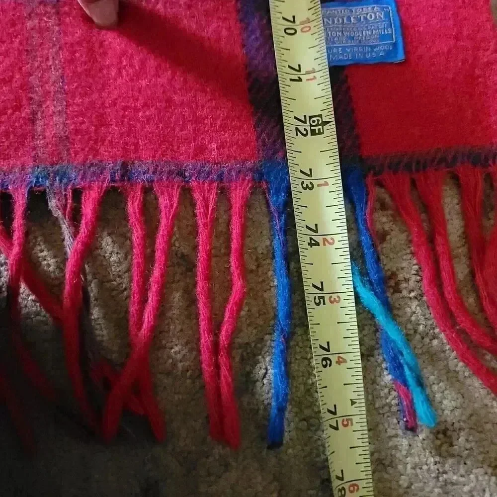 Pendleton Red Blue Green Plaid Wool Fringe Blanket Vintage USA Made 52x73in
